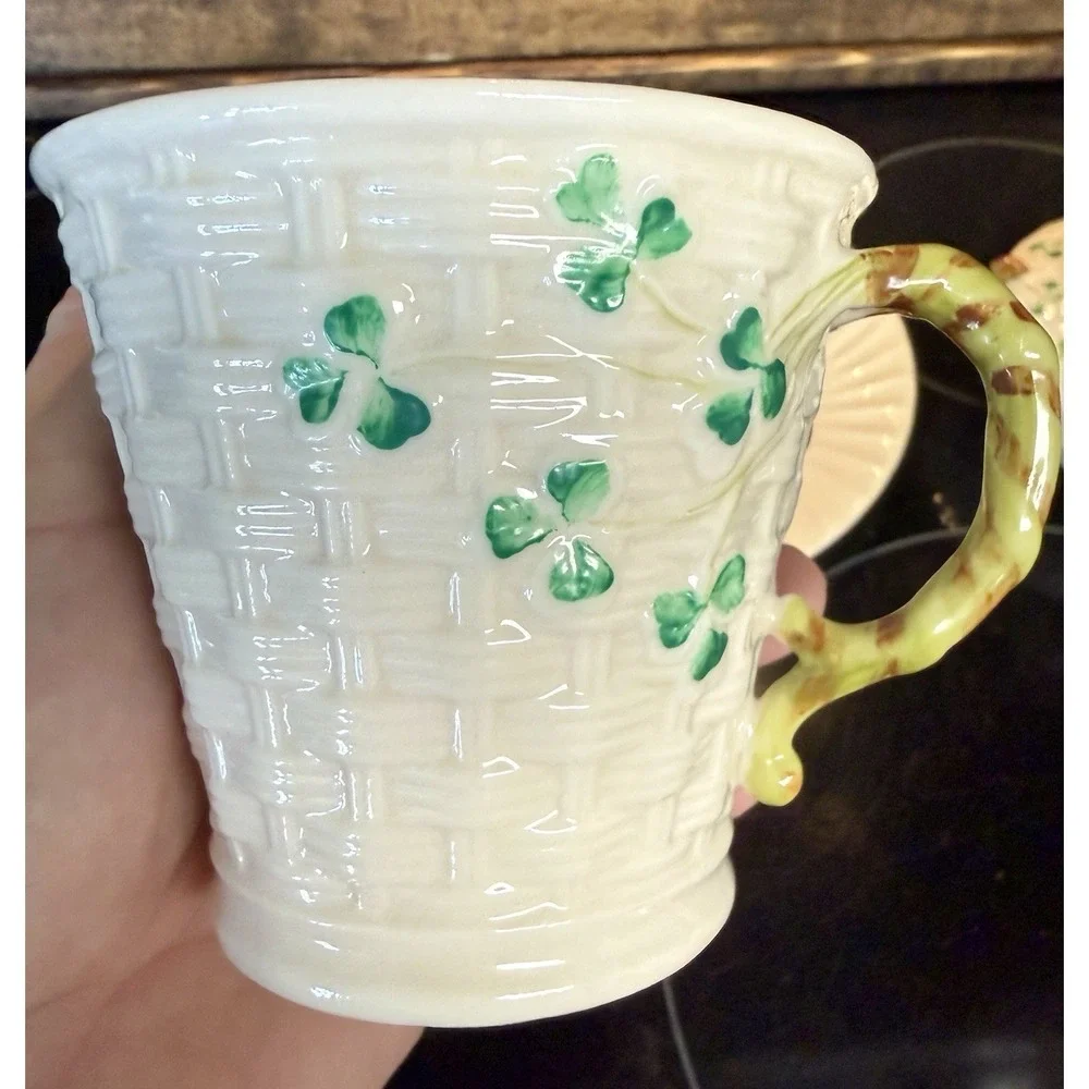 Beleek  Shamrock  Basket  Weave  Open Sugar  Creamer  & Cup AND Saucer Vintage